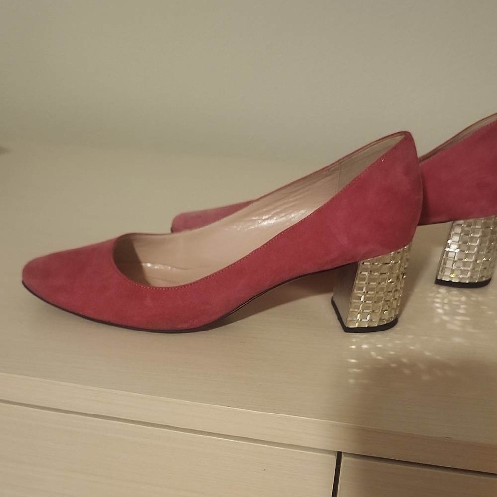 Kate Spade Red Suede Heels with Gold Block